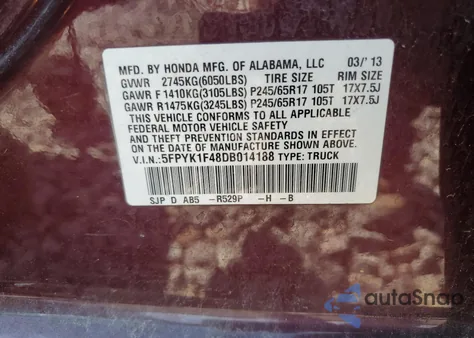 2013 Honda Ridgeline Rts z USA, uszkodzony, nr VIN 5FPYK1F48DB014188